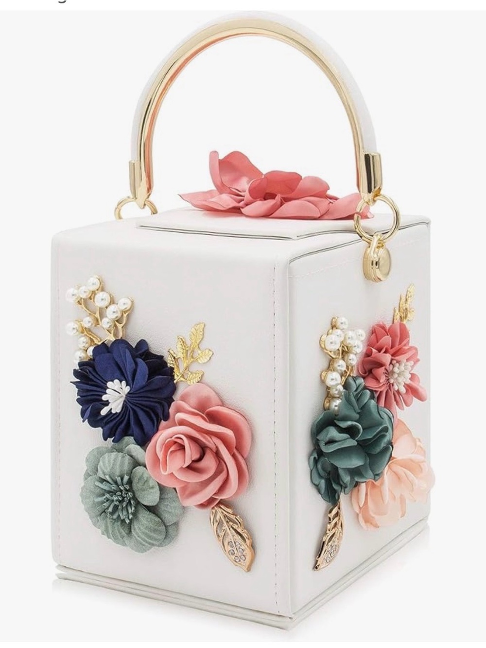 Floral Applique Clutch in White with Multi-Color Flowers